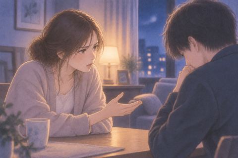 夜の部屋でパートナーに真剣な表情で問いかける女性