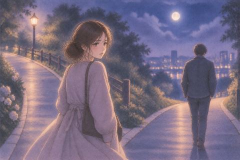 夜の道で別々の方向へ歩き出す二人と、振り返る女性