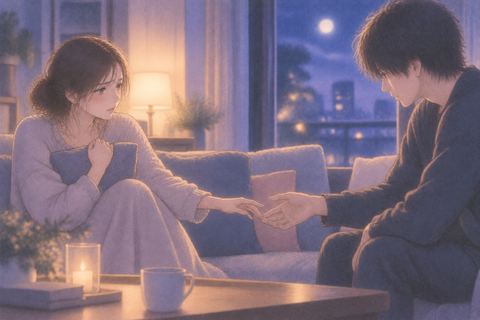 夜の室内で距離を置いて座っていた二人が少し手を伸ばし合う場面