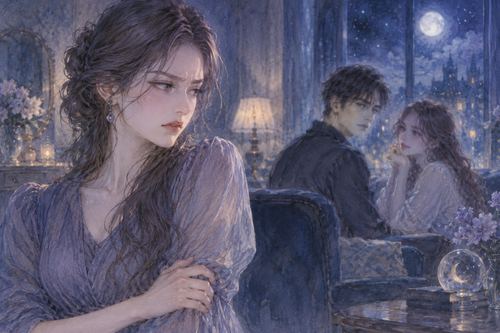 夜の室内でパートナーと浮気相手を前に緊張した表情で向き合う女性