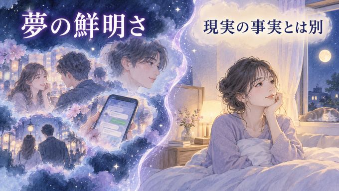 鮮明な夢の場面と、目覚めて静かに振り返る女性を分けて描いた図