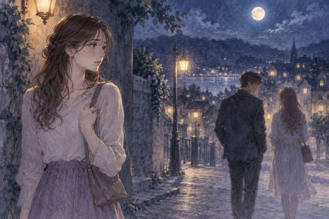 夜の街で彼氏が別の女性のほうへ歩き、自分だけ少し離れて立つ女性