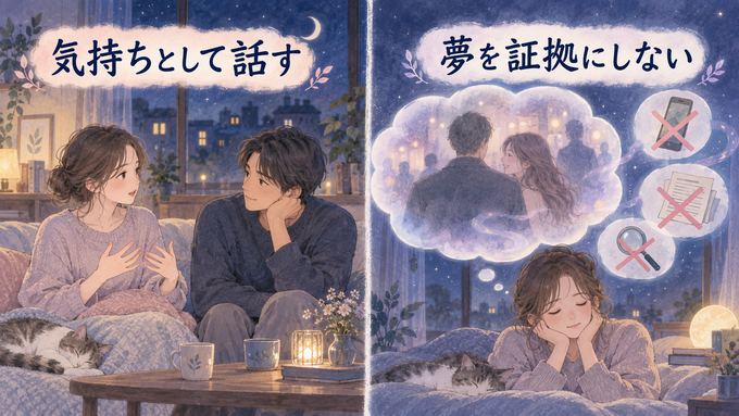 パートナーに夢の不安を穏やかに話す女性と、夢を証拠にしないことを示す図