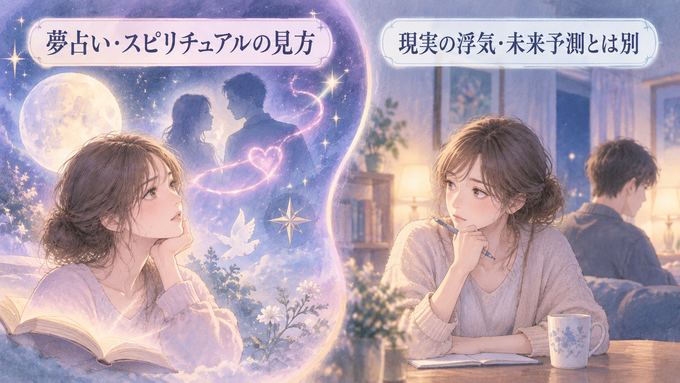 夢占いの象徴的なイメージと現実の関係を別々に見つめる女性の図