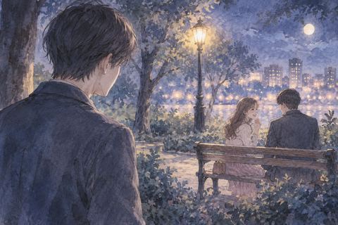 夜の公園で彼女が別の人物と話し、少し離れた男性が不安そうに見ている場面