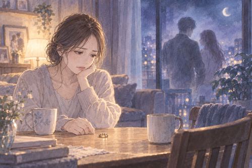 夜の自宅で結婚指輪を見つめる女性と、遠くにぼやける夫と別の人物の影