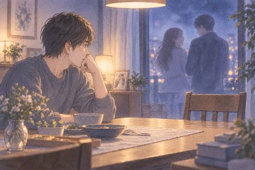 夜の食卓で一人座る男性と、奥にぼんやり見える妻と別の人物の影