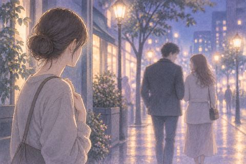 夜の街で好きな人が別の人と歩き、離れた女性が切なそうに見つめる場面
