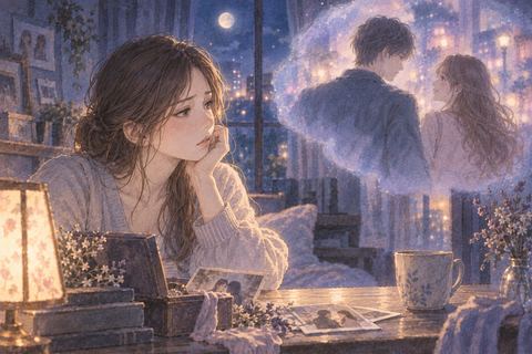 古い写真のように淡く浮かぶ元彼と別の人物を見つめる女性