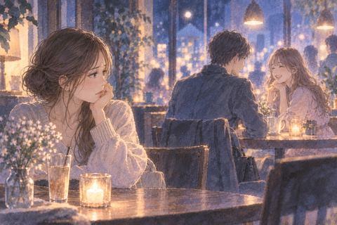 パートナーと友達が話す様子を見て、自分と友達を比べるように戸惑う人物