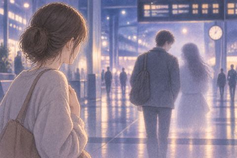 顔のはっきりしない人物とパートナーを遠くから見つめる女性
