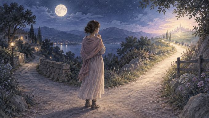 夜道の分かれ道で二つの方向を見つめる女性の夢のイメージ