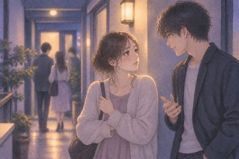恋人の友達と夜の廊下で話す人物の夢の場面
