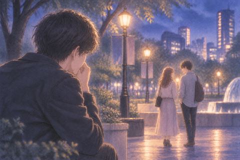 彼女と友達が並ぶ姿を遠くから見る男性の夢の場面