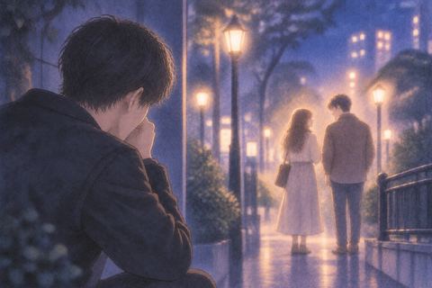 彼女と元恋人らしい男性を遠くから見つめる男性の夢の場面