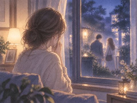 家の窓辺から夫と友達の人影を見つめる女性の夢の場面