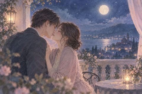 夜の夢の中で顔を近づける二人の人物