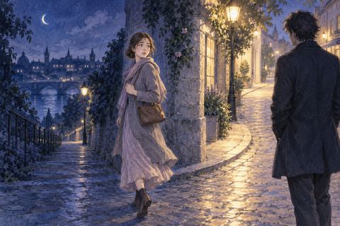 夜の街角で恋人とは別の人物へ近づきかけて立ち止まる女性