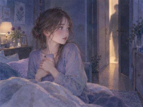 スマートフォンを隠しながら足音に気づく女性の夢の場面