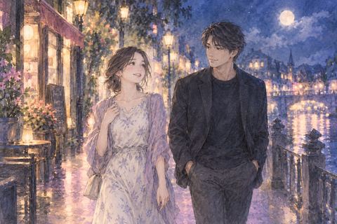 夜の街を別の人物と楽しそうに歩く女性の夢の場面