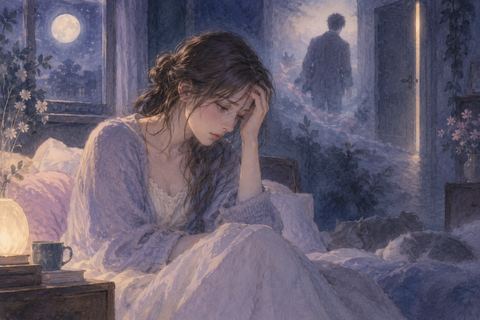 夜の部屋で顔を伏せて後悔する女性の夢の場面