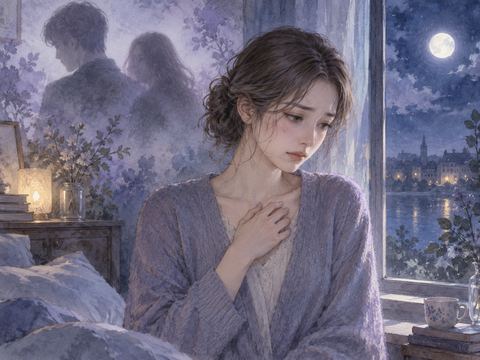 夜の窓辺で胸に手を当て罪悪感を抱く女性の夢の場面