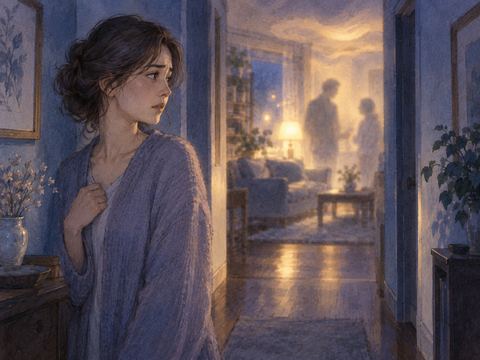 夜の家で家族の人影を見つめ不安になる大人の女性