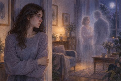 母親の遠い人影を見つめ寂しさを感じる女性の夢の場面