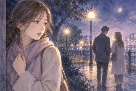 遠くで別の人と話す恋人を見つめる女性の夢の場面