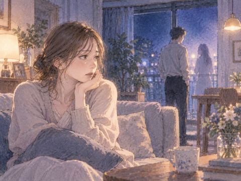 夜の自宅で遠くにいる夫を不安そうに見つめる女性