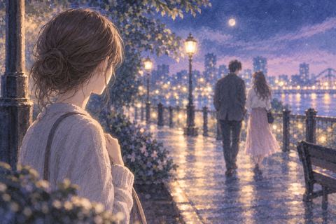 好きな人が別の人物へ向かうのを遠くから見つめる女性