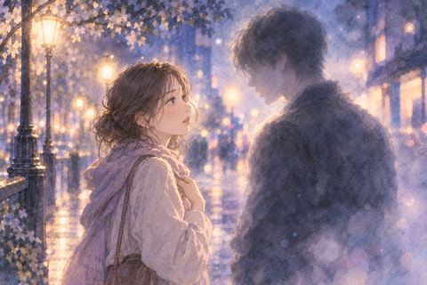 夜の夢の中で顔のはっきりしない人物と向き合う女性