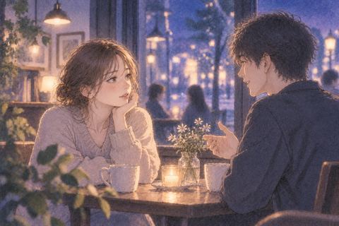 夜のカフェで親しい友達と向かい合う人物の夢の場面