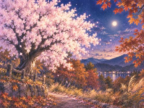 季節の違う景色の中で咲く満開の桜