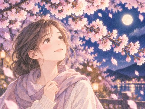 満開の桜を見て穏やかに微笑む女性