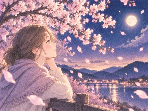 散る桜を静かに見つめる女性