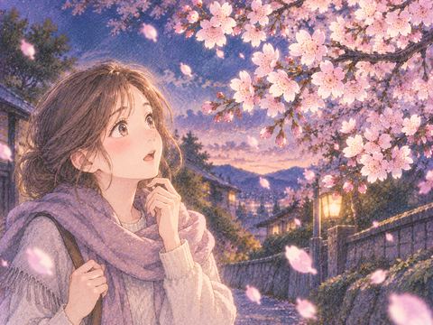思いがけず咲く桜を見て驚く女性