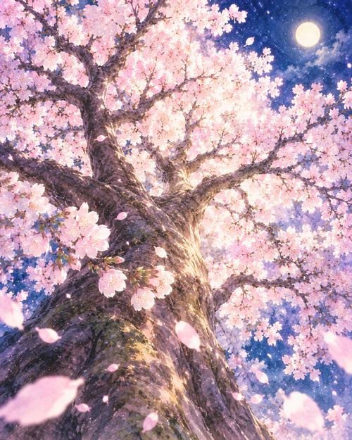 太い幹と大きな枝を広げる桜の木