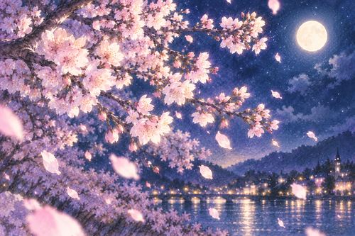 静かな夜空に浮かぶ淡い夜桜