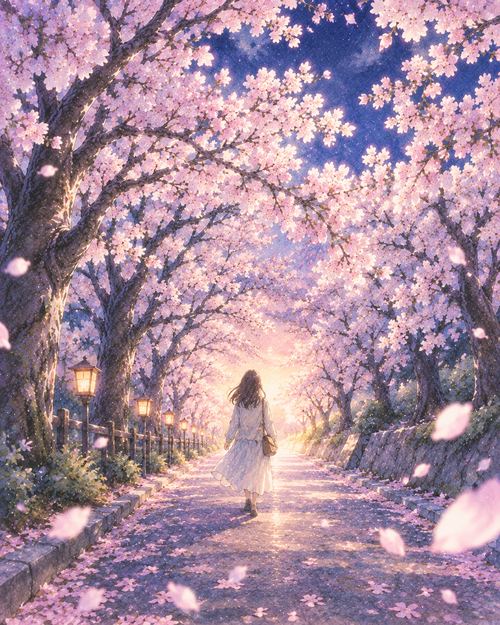 奥まで続く桜並木の道を歩く人物