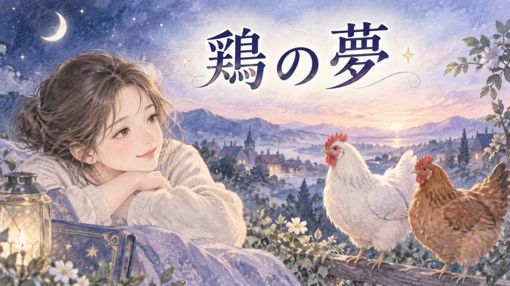 夜明け前の鶏を見つめる大人の女性