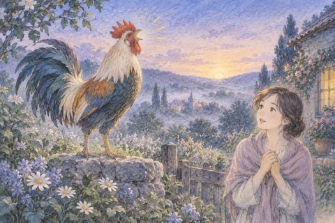 夜明け前に鳴く鶏を見つめる女性