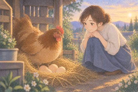 鶏のそばに並ぶ卵を見つめる女性