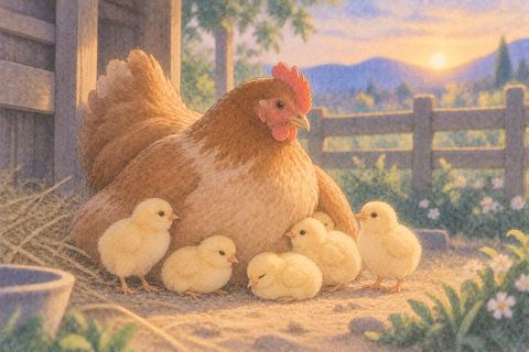 雌鶏の周りに集まるひよこ