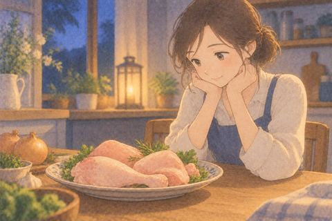 皿に盛られた鶏肉を見る女性