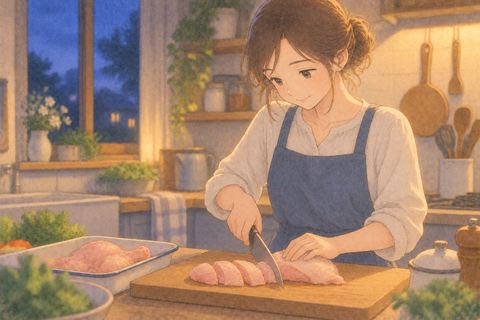 台所で鶏肉を切り分ける女性