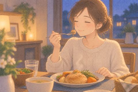 鶏肉料理を味わう女性