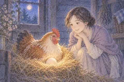 巣の卵と雌鶏を見つめる女性