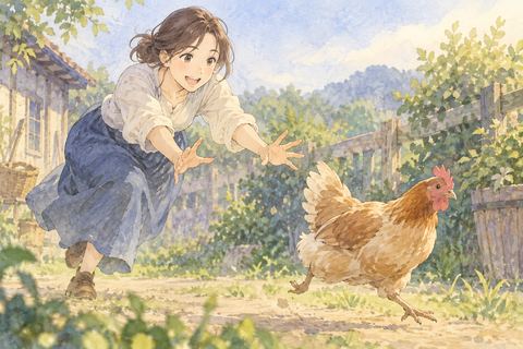 逃げる鶏へ手を伸ばす女性