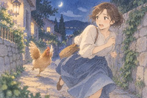 鶏に追われて振り返る女性
